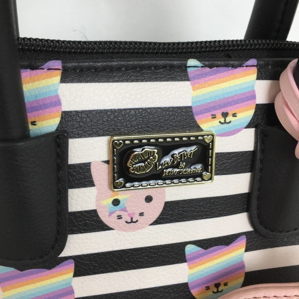Luv Betsey Betsey Johnson Unicorn Cat Satchel Purse Bag Black White Stripe Small